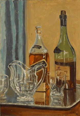 JUG WITH BOTTLES, signed W.S.C.