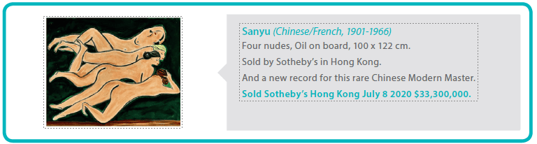 Sanyu (Chinese/French, 1901-1966)
Four nudes, Oil on board, 100 x 122 cm.
Sold by Sotheby’s in Hong Kong.
And a new record for this rare Chinese Modern Master. Sold Sotheby’s Hong Kong July 8 2020 $33,300,000.