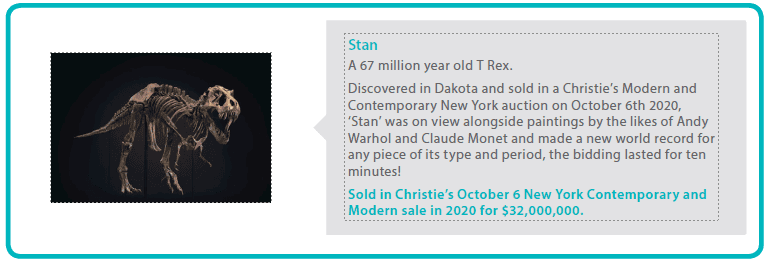 Stan
A 67 million year old T Rex.
Discovered in Dakota and sold in a Christie’s Modern and Contemporary New York auction on October 6th 2020,
‘Stan’ was on view alongside paintings by the likes of Andy Warhol and Claude Monet and made a new world record for any piece of its type and period, the bidding lasted for ten minutes!
Sold in Christie’s October 6 New York Contemporary and Modern sale in 2020 for $32,000,000.