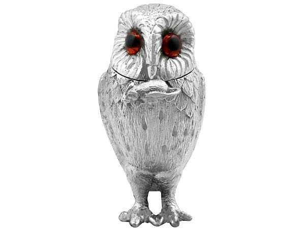 A 1962 silver owl mustard pot on sale for £2250