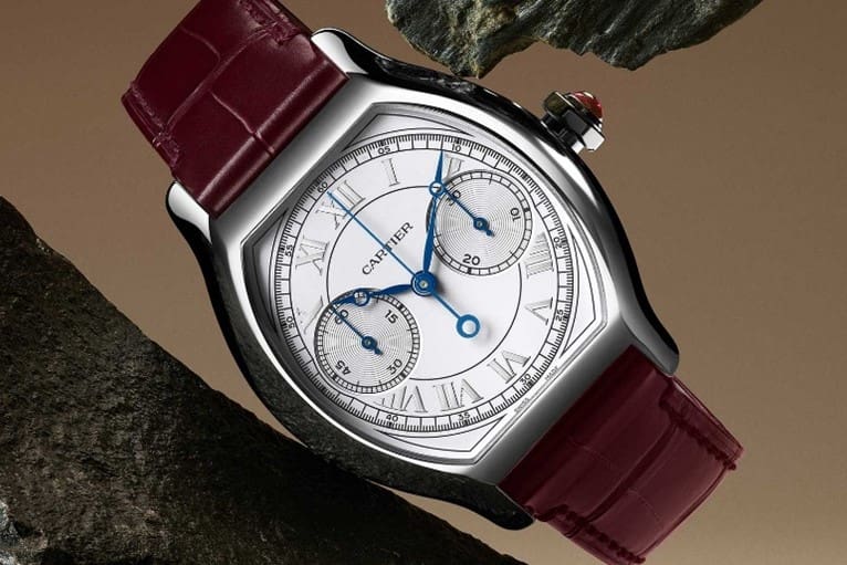 Above – Cartier’s re-launched 2024 monopoussoir Chronograph Tortue, set in platinum with a ruby cabochon crown.