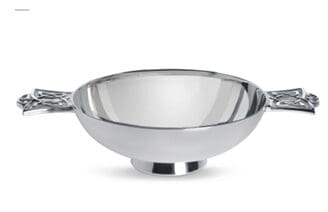 A contemporary silver Quaich, with stylised thistle detail to lugs. From a selection available at Hamilton & Inches, 87 George Street Edinburgh, £795.