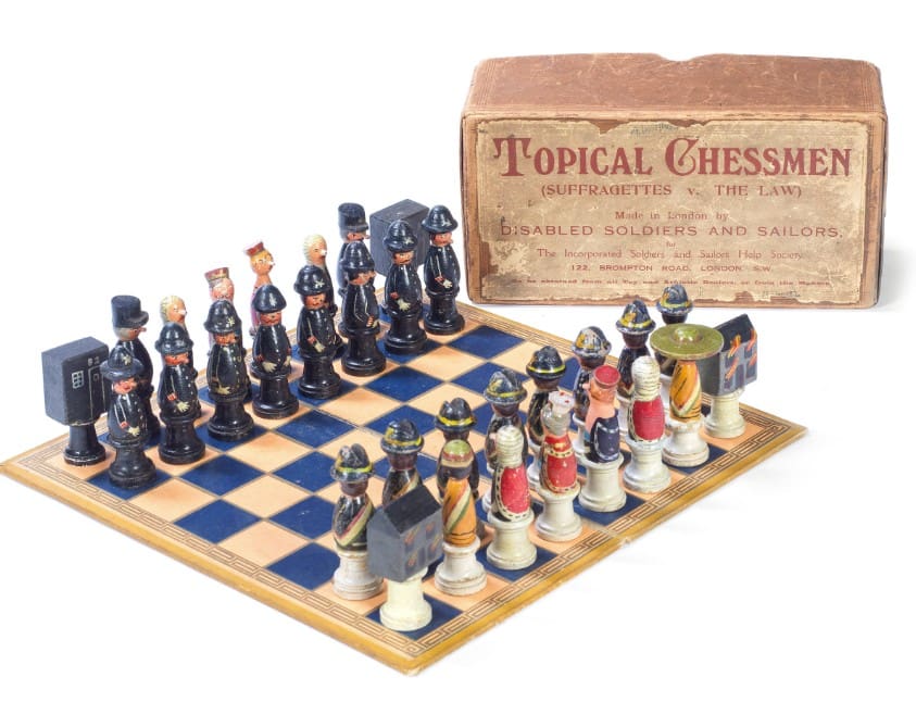 Lot 71 Suffragette Chess Set. Sold for £38,400 Insurance value £60,000.