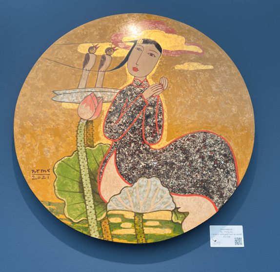 Bui Trong Du’s lacquer and gold leaf on wood paintings Happiness (2021) and Young Lady and Birds (2024). Photographs by Ashley Crawford.