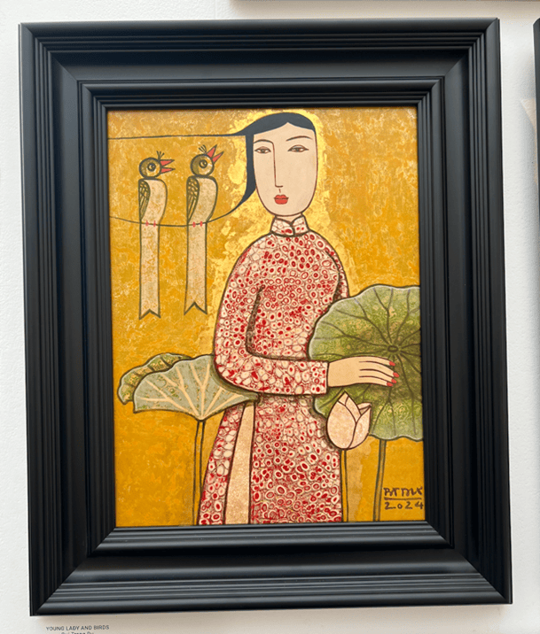 Bui Trong Du’s lacquer and gold leaf on wood paintings Happiness (2021) and Young Lady and Birds (2024). Photographs by Ashley Crawford.