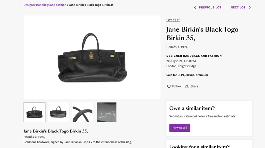 Jane Birkin’s Black Togo sold at auction in 2021 for £119,000