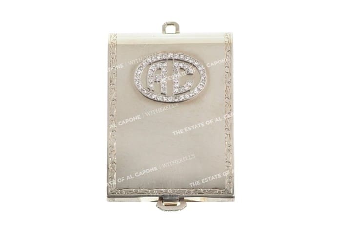 A 14k white gold and diamond personalised matchbook cover, owned by Al Capone. Sold at Witherills Auctioneers, 2021, for $36,300