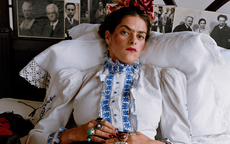 Dame Tracey Emin posing as Frida Kahlo in Mary McCartney's photograph, part of a new exhibition at the Pallant House Gallery in Chichester.