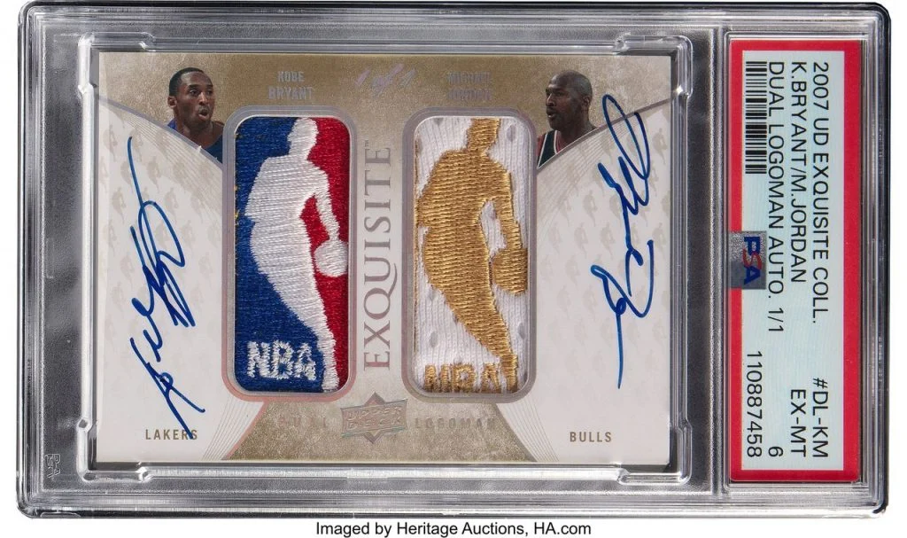 2007-08 Upper Deck Exquisite Collection Dual Logoman with autographs by Michael Jordan and Kobe Bryant. Photo courtesy of Heritage Auctions.