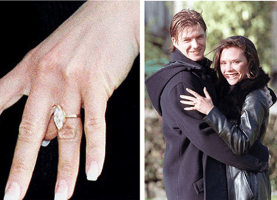 Victoria’s first engagement ring featured a 3 carat marquise cut diamond in a two claw yellow gold setting. Estimated to be valued around £65,000 