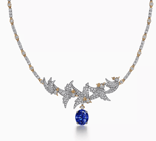 Bird on a Rock by Tiffany Necklace in Platinum & Gold with Tanzanite & Diamonds, retailing for £387,000