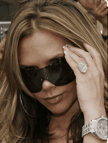 One of her rings most frequently seen is a phenomenal 17 carat pear cut diamond ring with a pavé set diamond band. Estimated to be valued around £4 million. 
