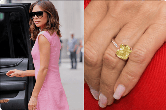 Reportedly Victoria’s latest engagement ring features an 8 carat square cut canary yellow diamond on a pavé set diamond band. Showcasing her love of colourful gems in the best way, this fancy coloured diamond ring has to be one of our favourites in her collection. Estimated to be valued around £2 million. 