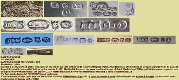 Various silver marks and trademarks associated with Maxfield & Sons.