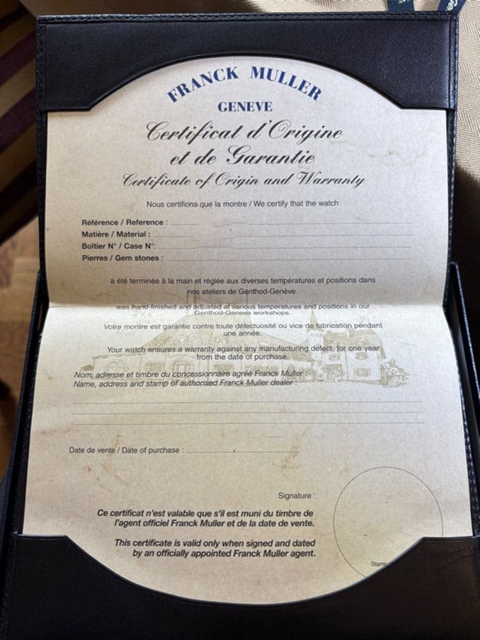 Franck Muller Certificate of Origins