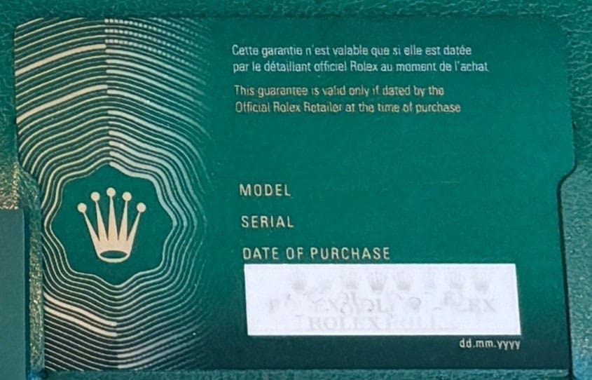 Rolex warranty card 2020 to present