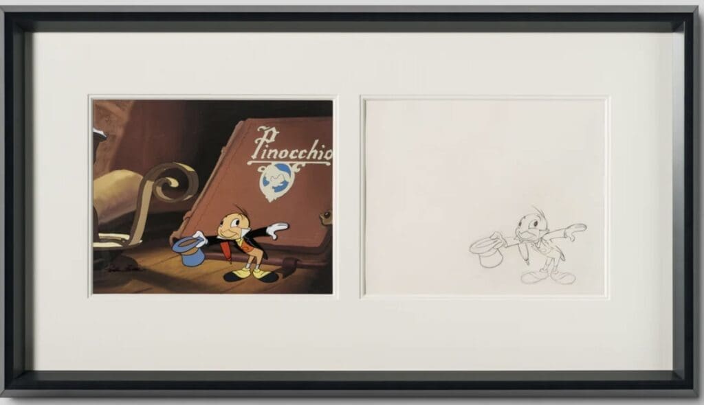 Original production cel from Pinocchio, circa 1970’s, featuring Jiminy Cricket, accompanied by a original pencil character sketch signed by the Disney artist Preston Blair. Asking price £2,400