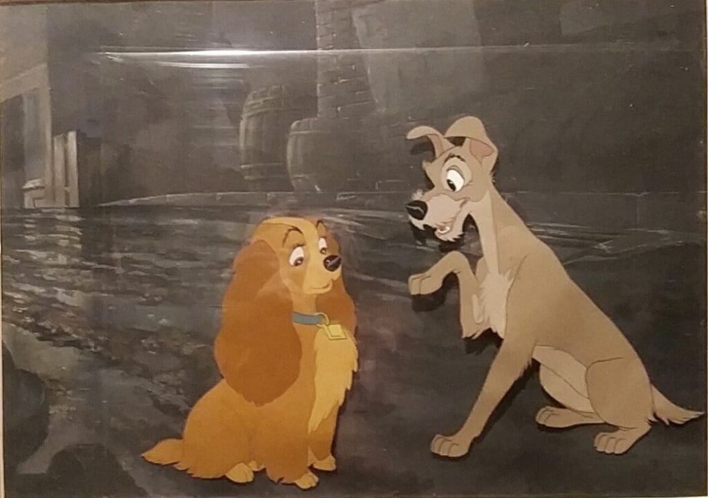 An original production cel from lady and the tramp circa 1950’s featuring ‘Lady’. Asking price £7,800.