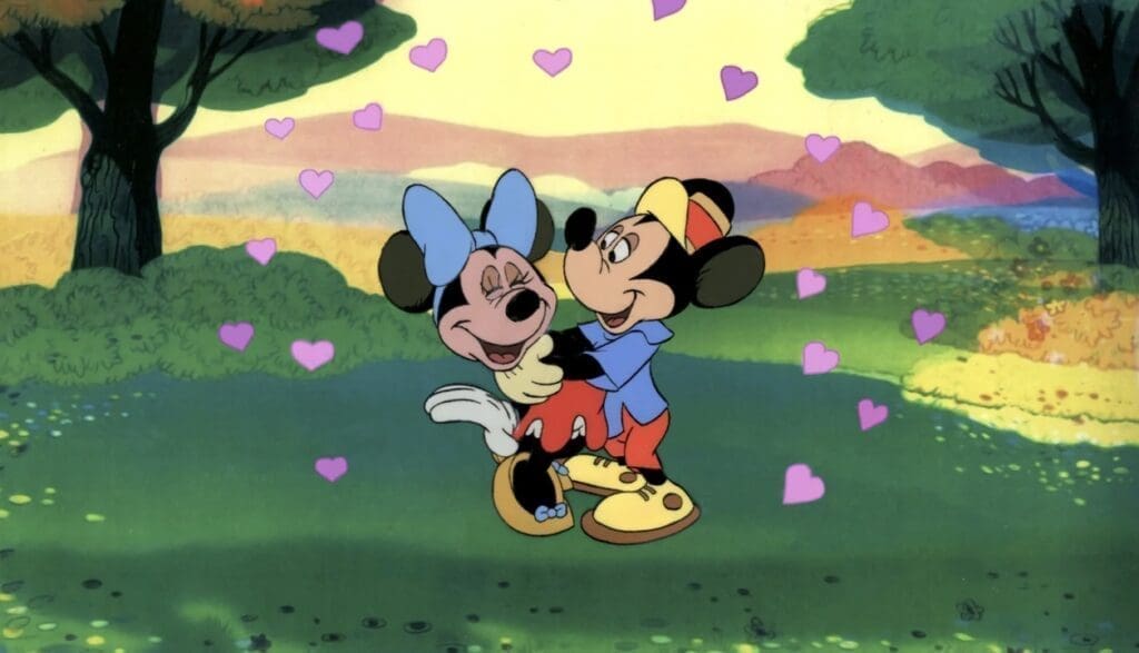 An original production cel from Mickey Mouse, the Anniversary show 1968, feat. Mickey and Minnie. Asking price of £1,500.