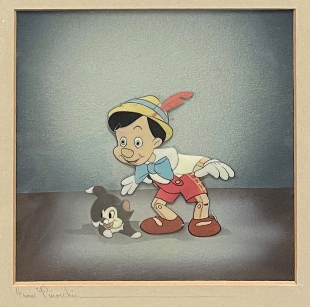 An original production cel from Pinocchio 1940, featuring Pinocchio and Figaro the Cat. Asking price of £4,500.