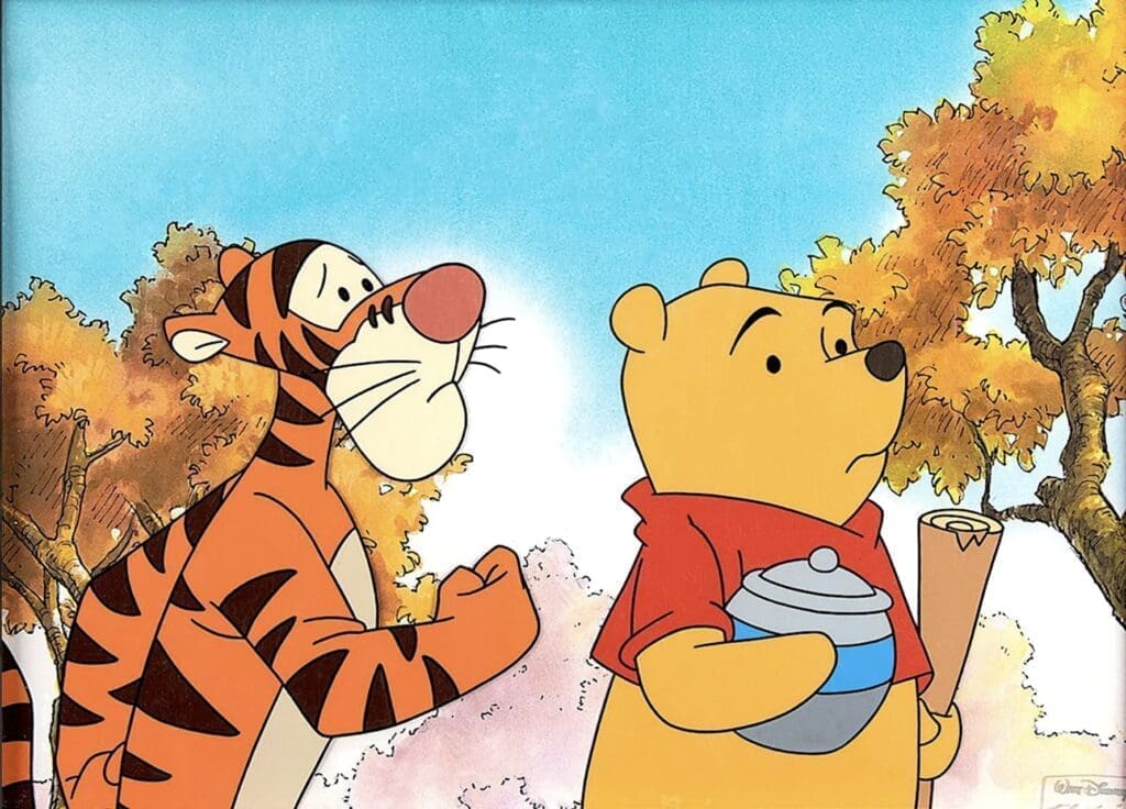 An original production cel from Winnie the Pooh, 1960’s, feat. Pooh and Tigger. Asking price £1,200.