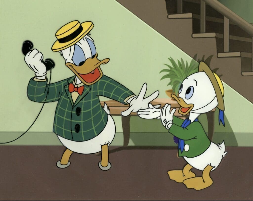 An original production cel from Donald Duck, Disneyland Art Corner, feat. Donald and Louie Late 1950’s. Asking price £800.