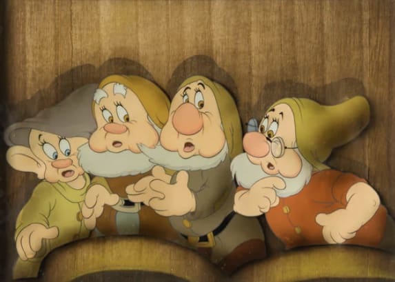 An original production cel from Snow White, 1937 feat. Dopey, Happy, Sneezy & Doc. Asking price £12,995.