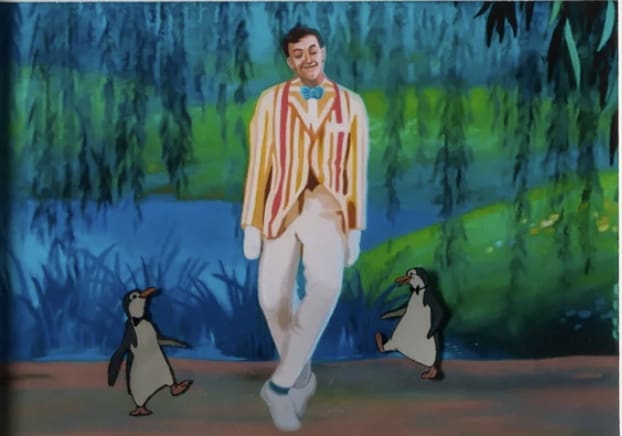 An original production cel fromMary Poppins, 1964, feat. Bert. This features the cartoon studio version of Bert which was later overlaid with the live action character played by Dick Van Dyke in the movie. Asking price £3,750.