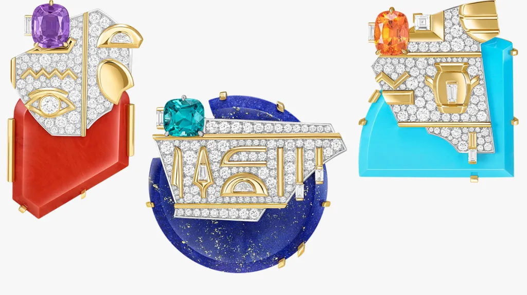 A trio of ‘Fragment’ brooches from the collection, forming echoes of hieroglyphs and paying homage to archaeological discoveries at ancient sites that so inspired the Egyptian Revivals over a century ago.
