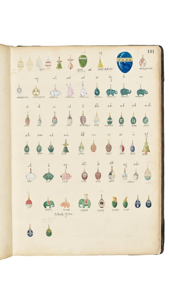 Fabergé workshop design album containing detailed watercolor and ink sketches from the workshop of Henrik Wigström, who served as Carl Fabergé’s chief workmaster in St. Petersburg between 1903 and 1917.